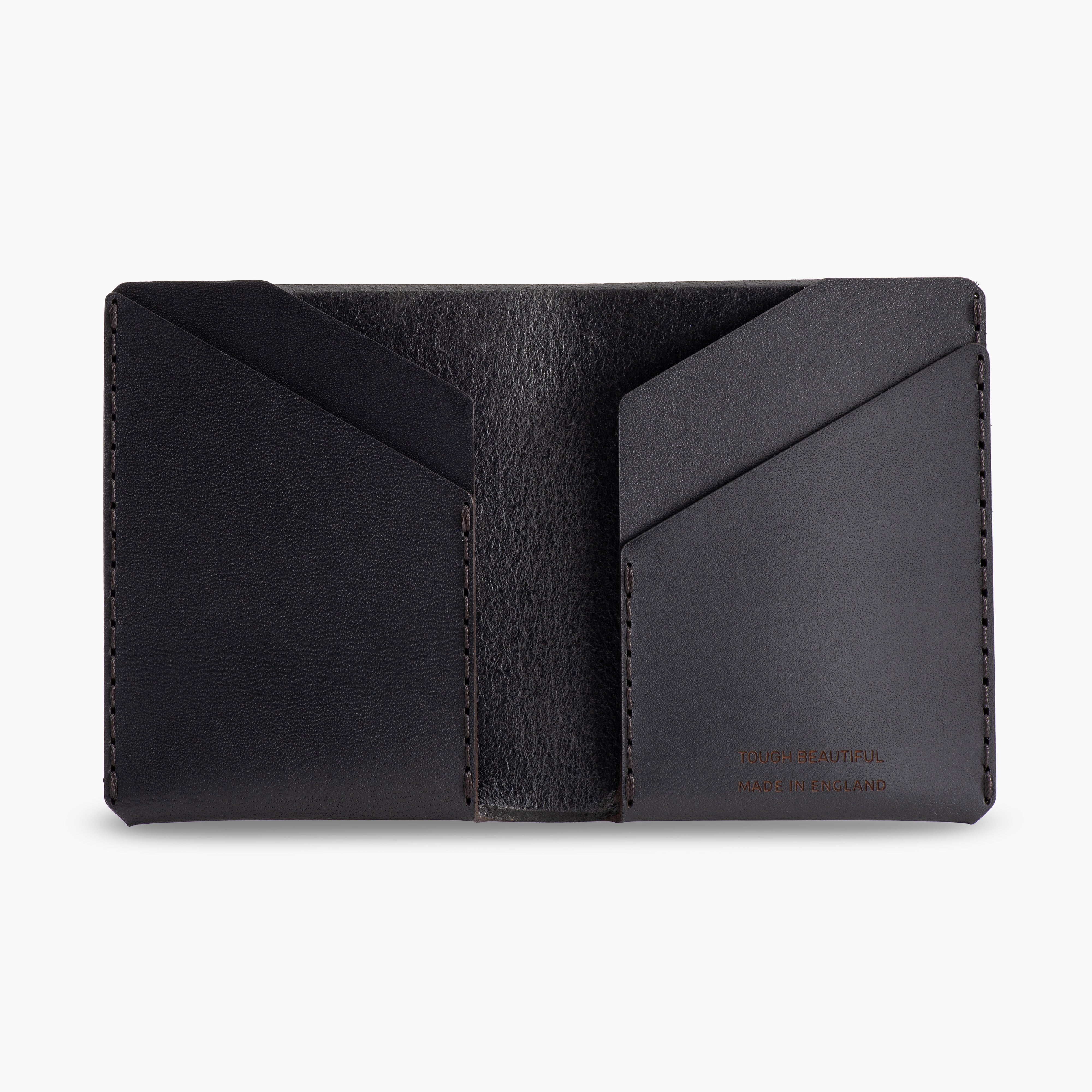 Black leather wallet with geometric design on a white background
