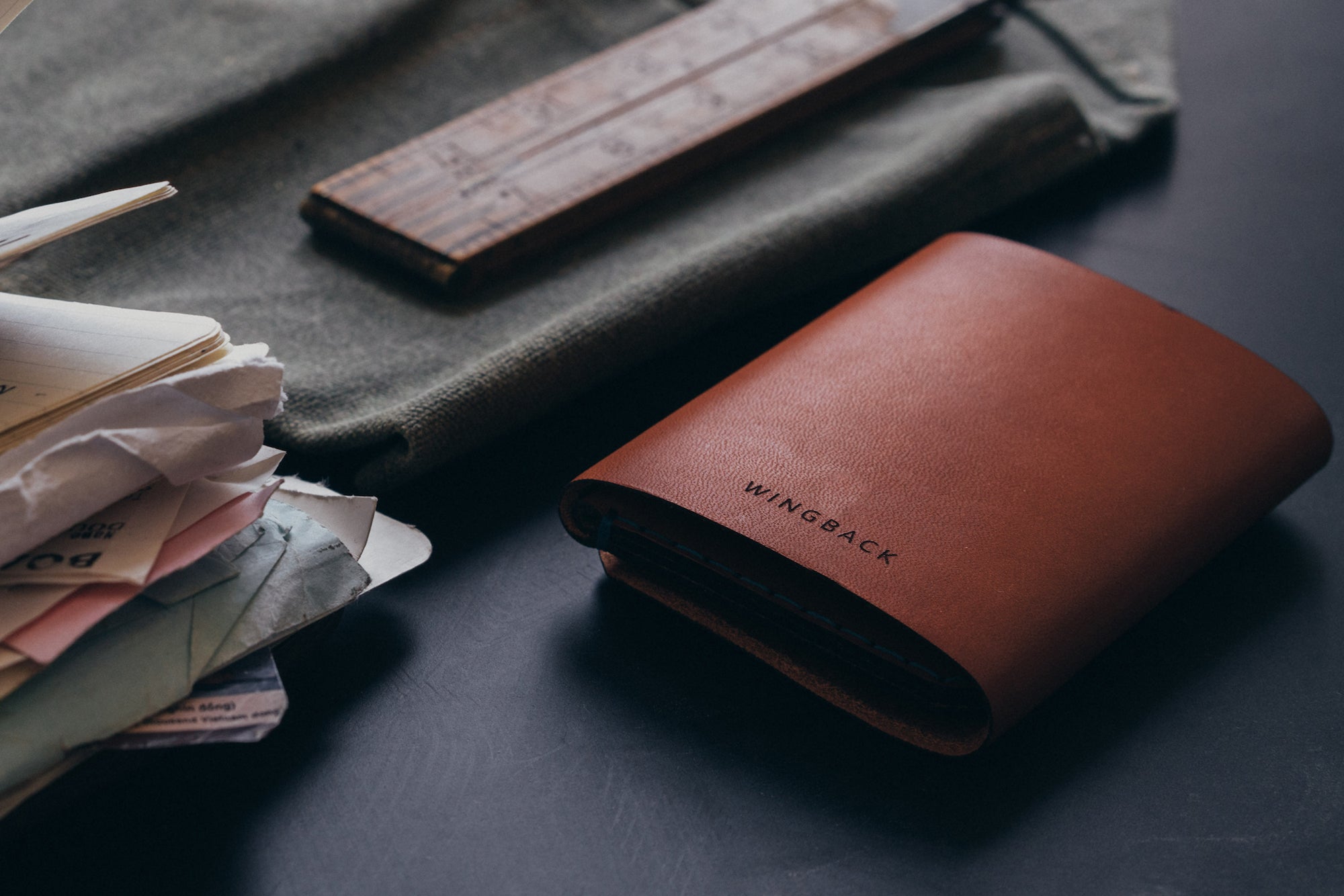 Slim leather wallet in cognac by Wingback