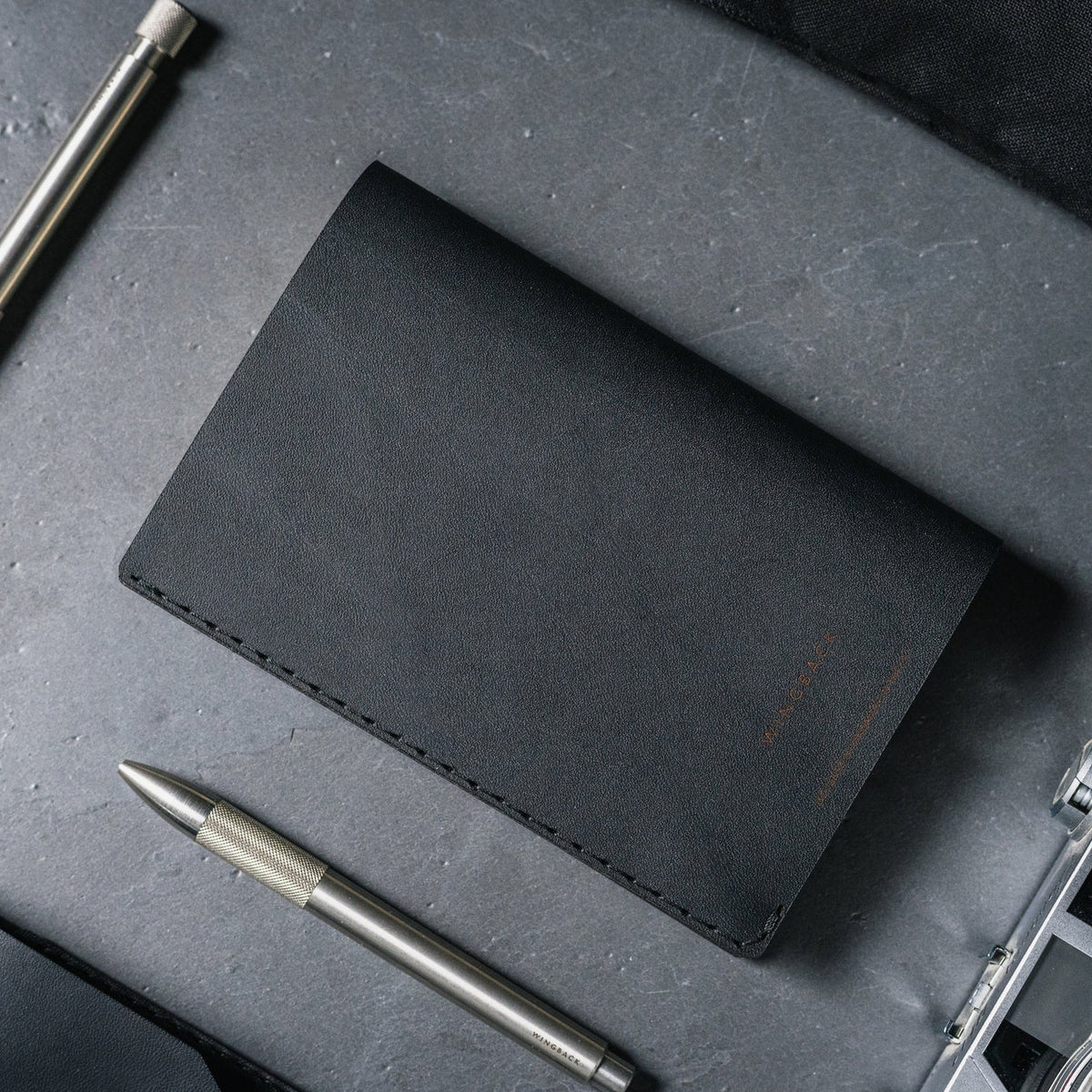 Wingback Refillable notebook in Charcoal leather with Steel Mechanical Pen and Pencil