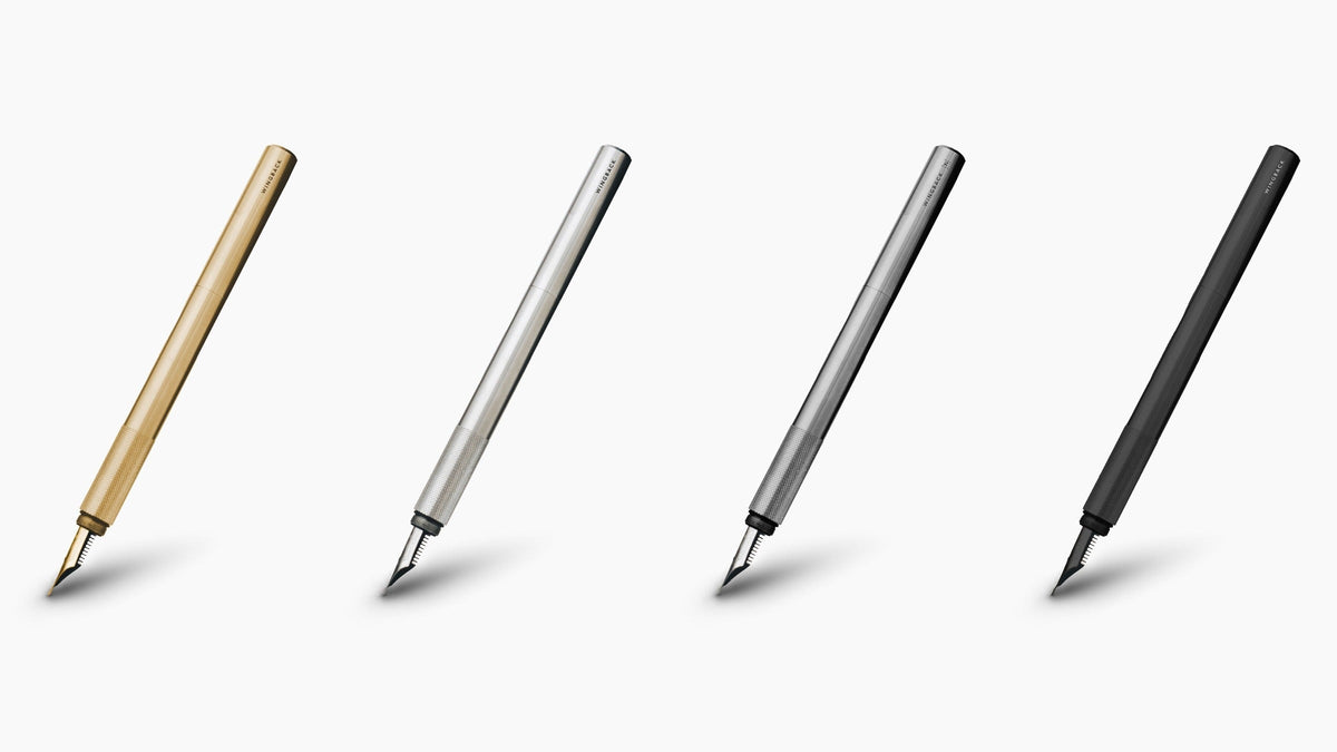 Wingback fountain pens in brass, steel, titanium and Black Steel finishes