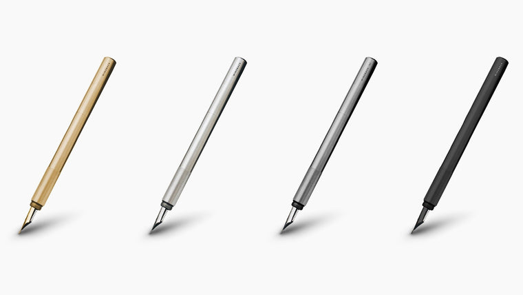 Wingback fountain pens in brass, steel, titanium and Black Steel finishes