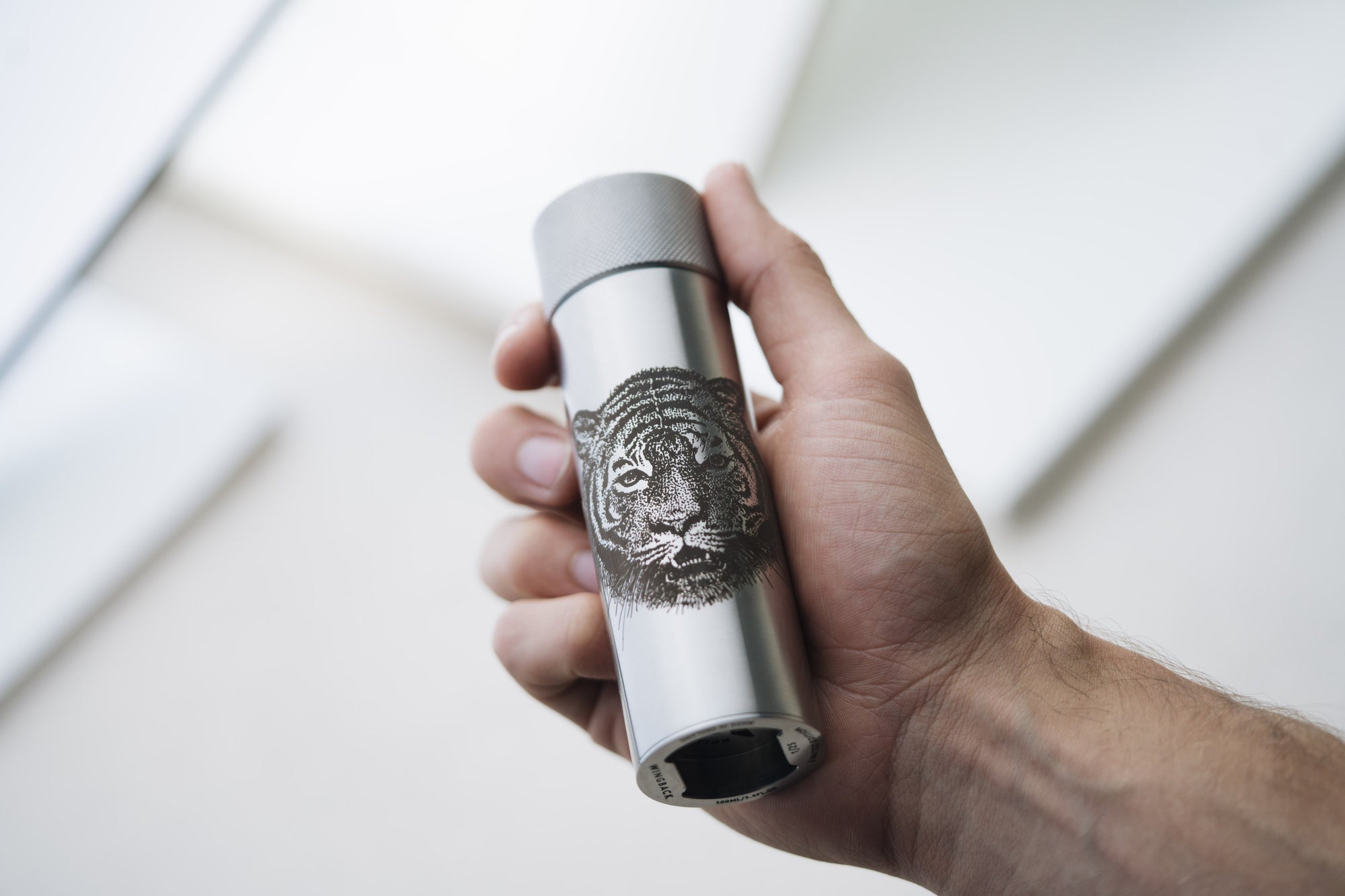 5AM Illustration X Wingback - Artist Conservation Series of Tiger illustration on a stainless steel hip flask