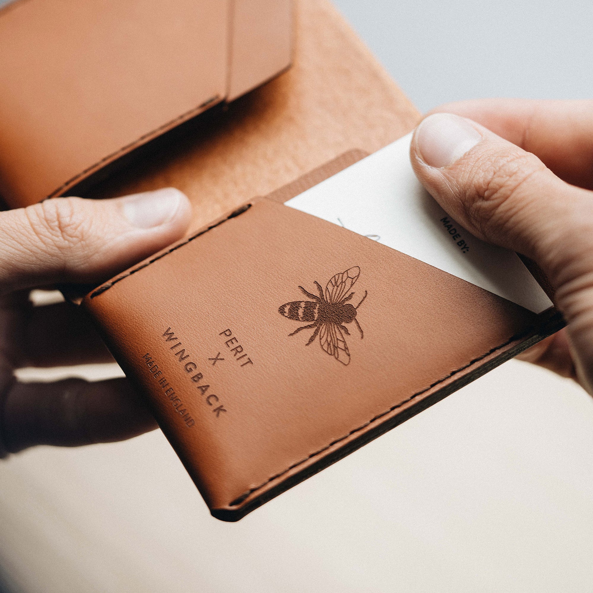 Wingback X Jan Perit - Winston Wallet Artist Collaboration featuring a bee engraving