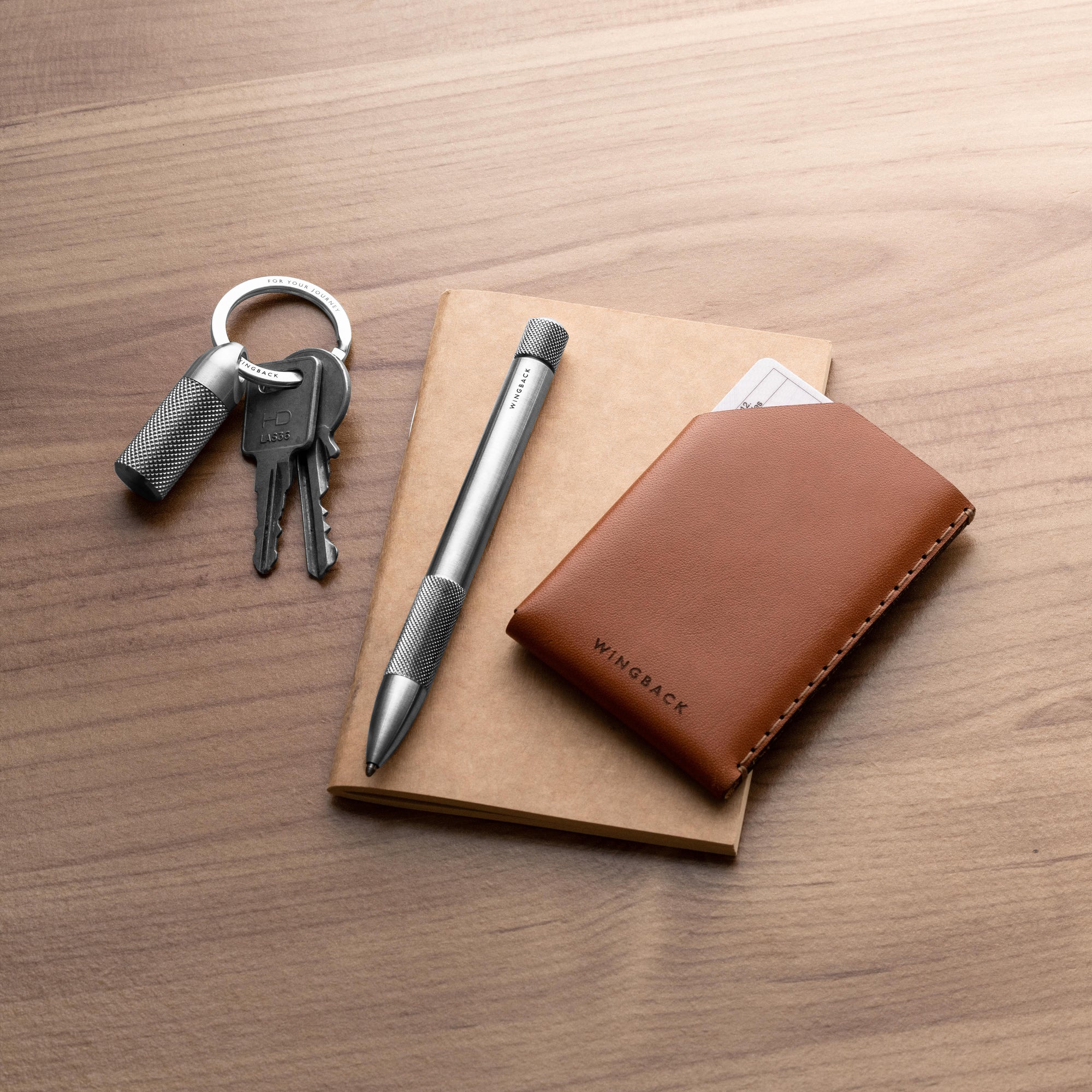 Flat lay of key carry, stationery and leather wallets made by Wingback