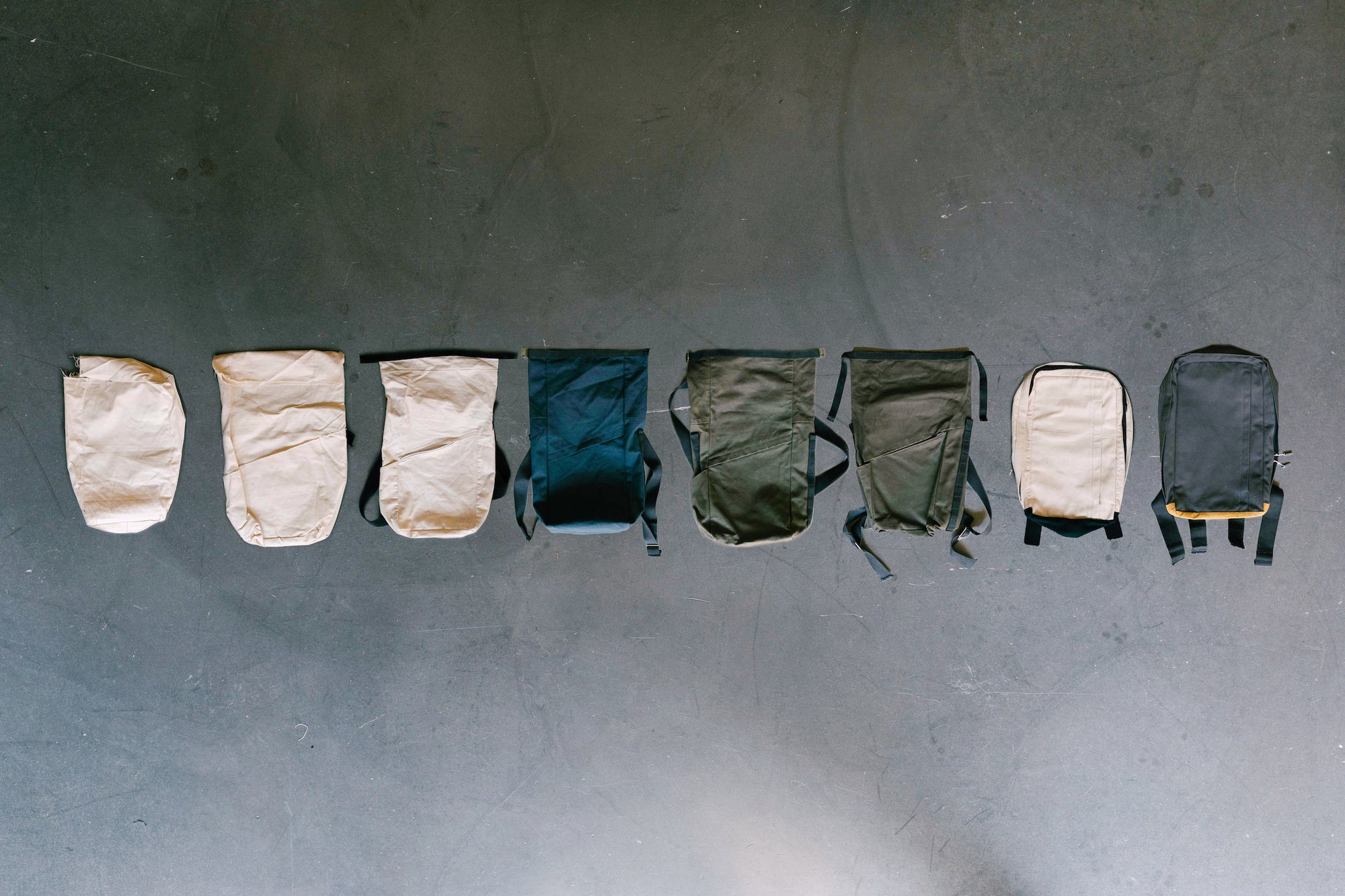 Line up of prototypes for the Wingback Day Pack