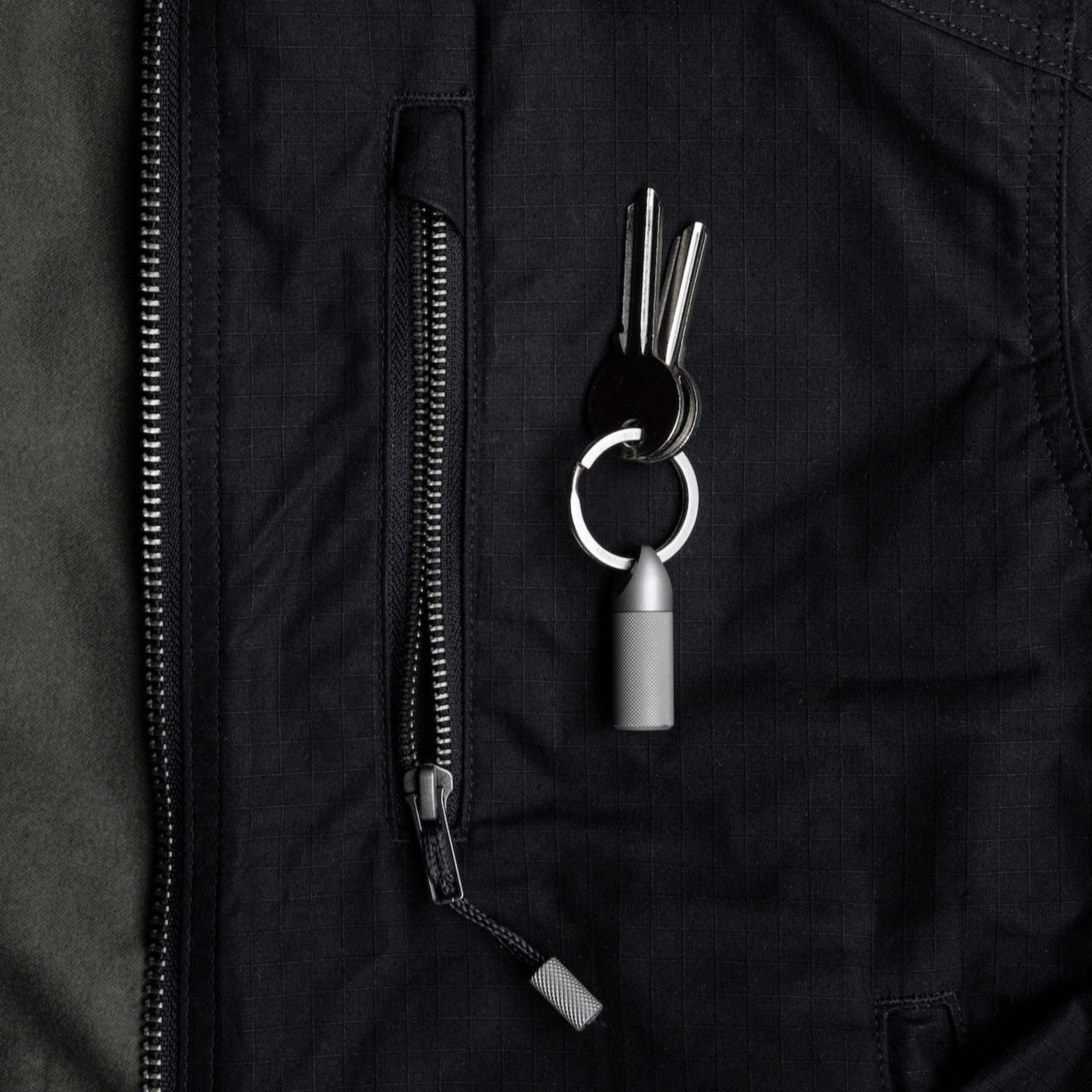 Keychain with keys attached to a black jacket pocket