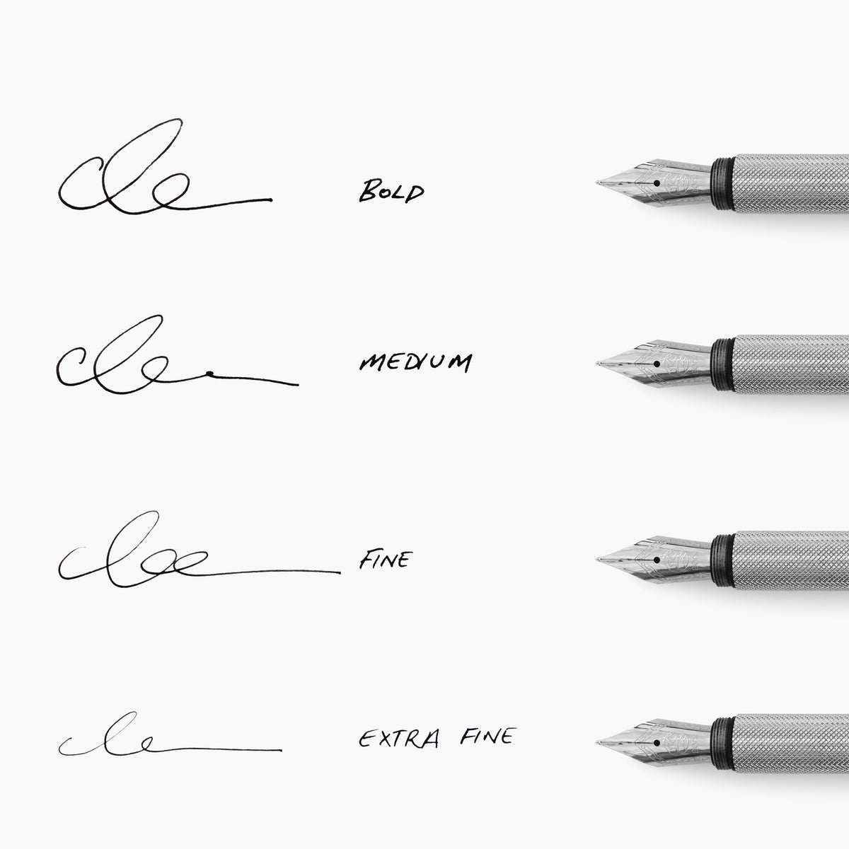 Writing samples from Bold, Medium, Fine and Extra Fine Wingback fountain pen nibs